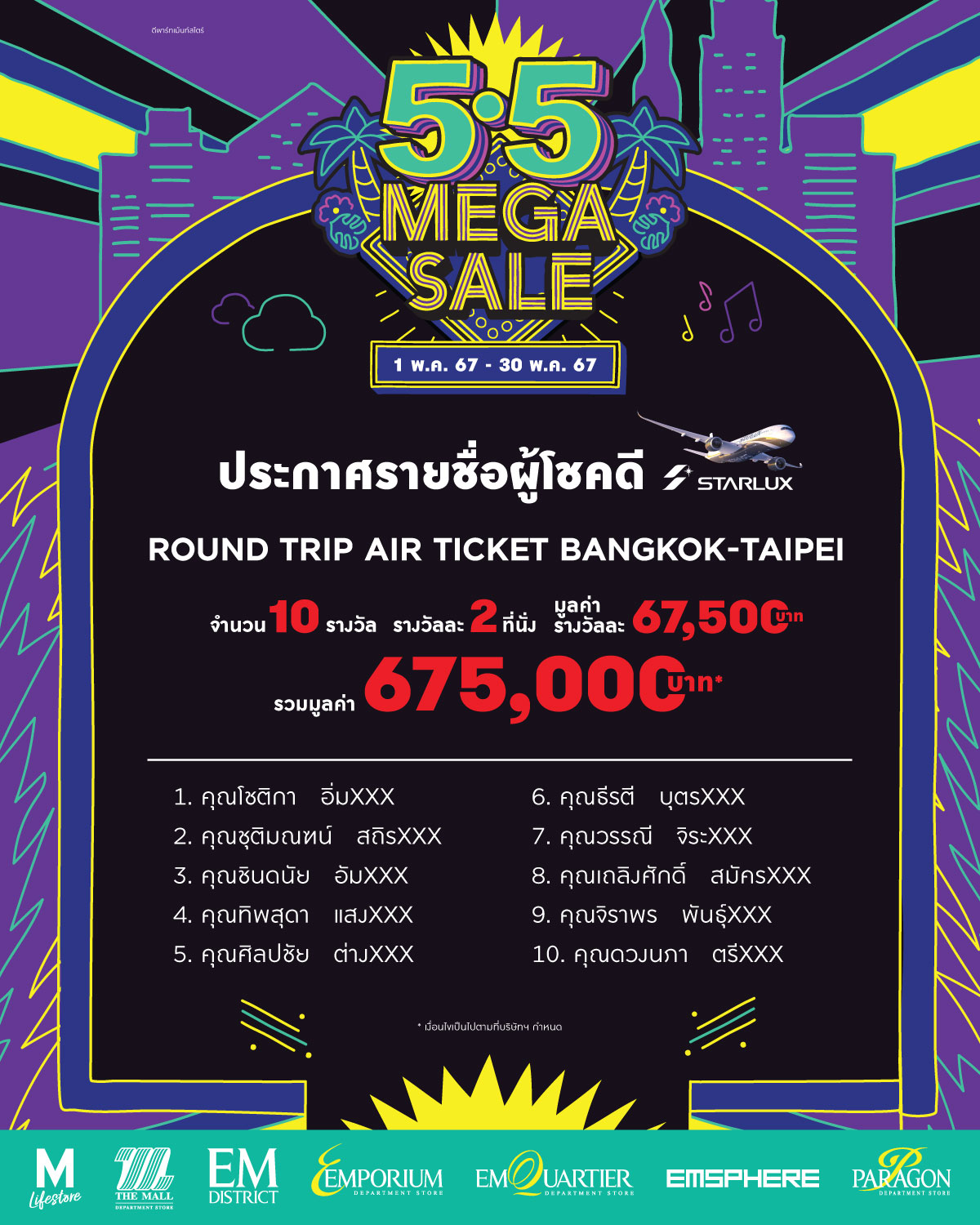 ประกาศรายชื่อผู้โชคดี ได้รับรางวัล ROUND TRIP AIR TICKET BANGKOKTAIPEI